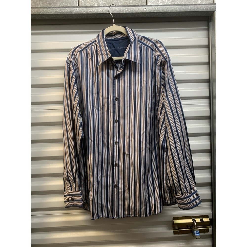 Tommy Bahama 100% Silk Long Sleeve Blue Brown Striped Men's Button Down XL